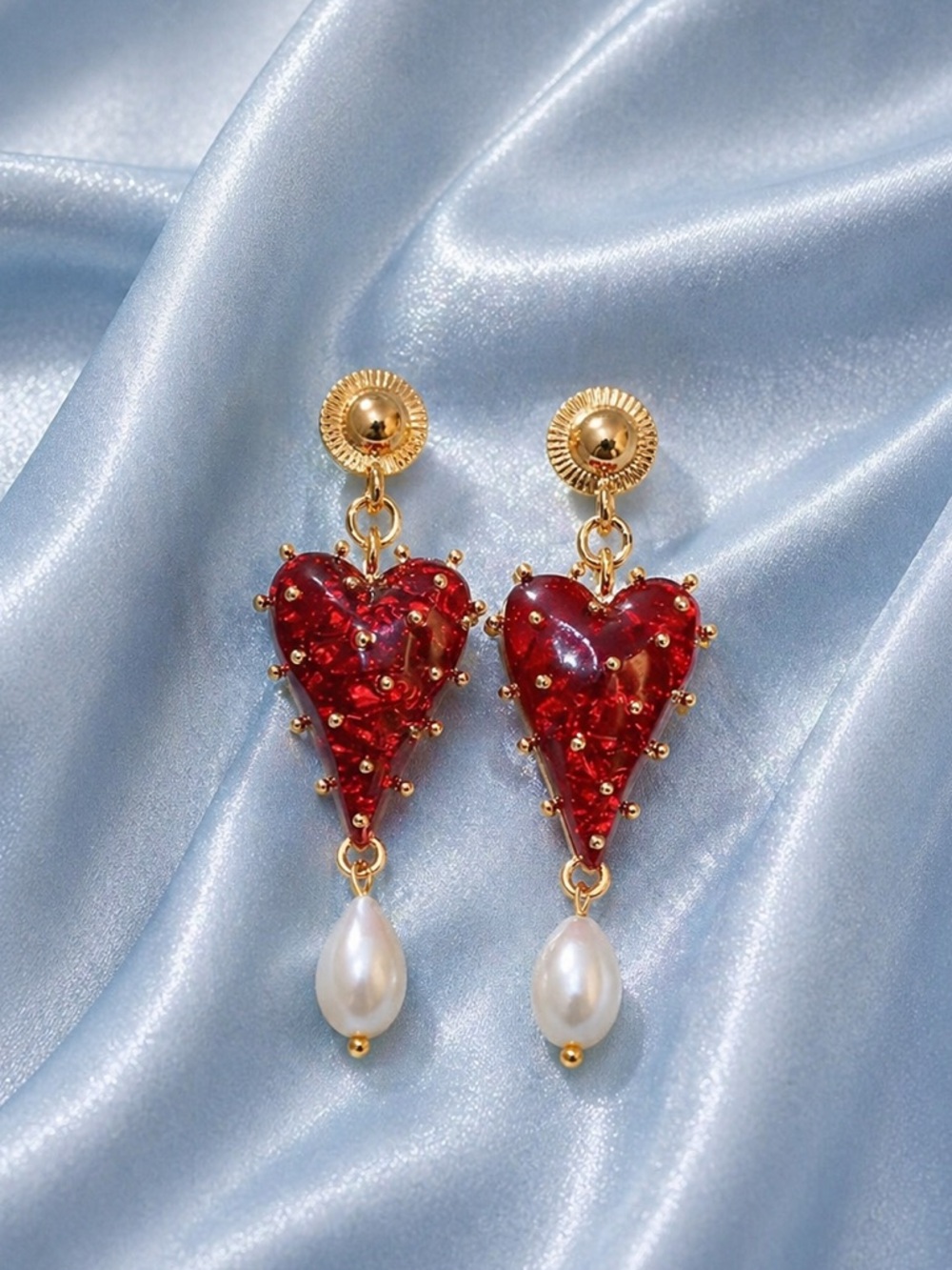 Crimson Ruby Red Heart Pearl Drop Gold Earrings